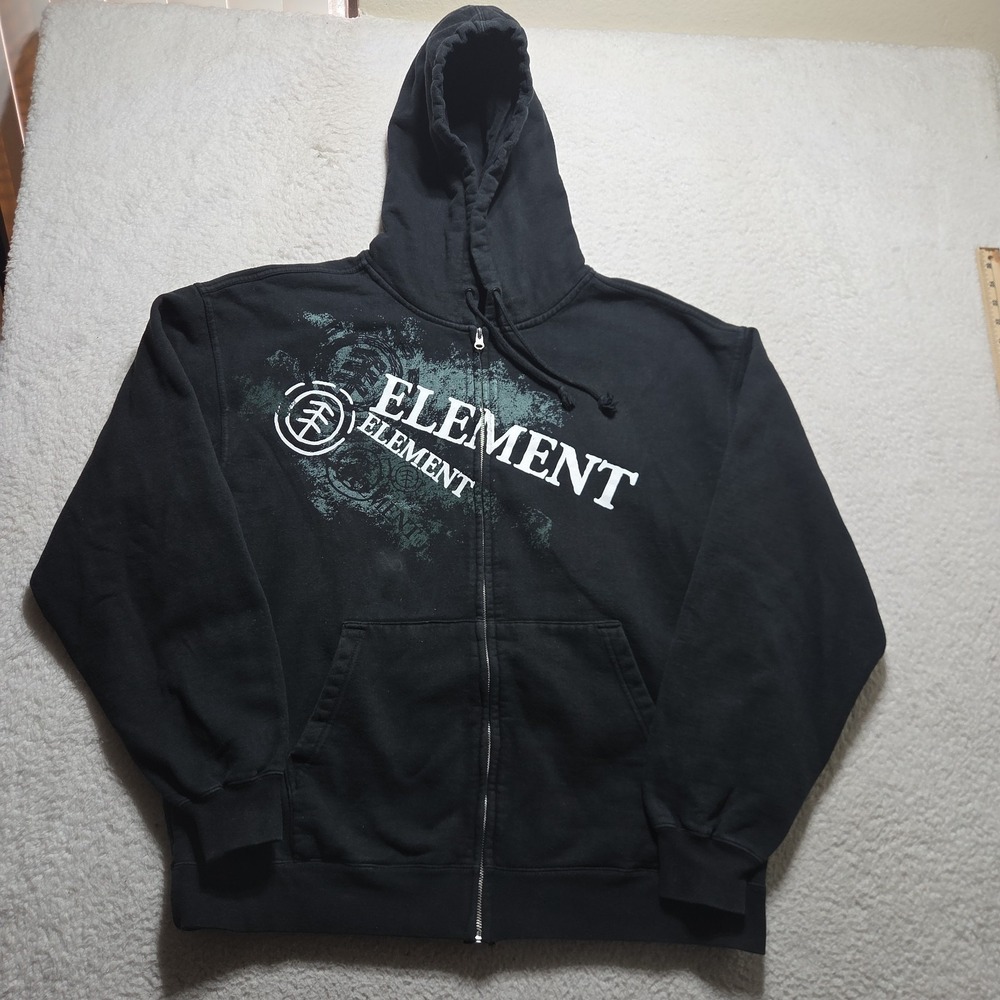 Vintage Element Skateboards Zip Up Hoodie Graphic Logo Black Y2K Men's Size XL